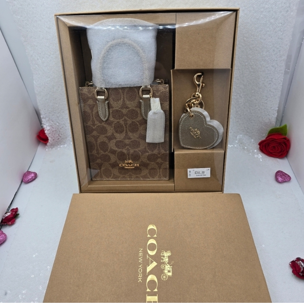 Coach Mini Tote Bag with Heart Shaped Mirror Bag Charms Crossbody in Gift Box - Picture 16 of 16
